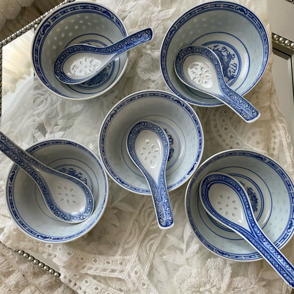 Vintage Blue and White Porcelain Bowl and Spoon Set — 10 pieces